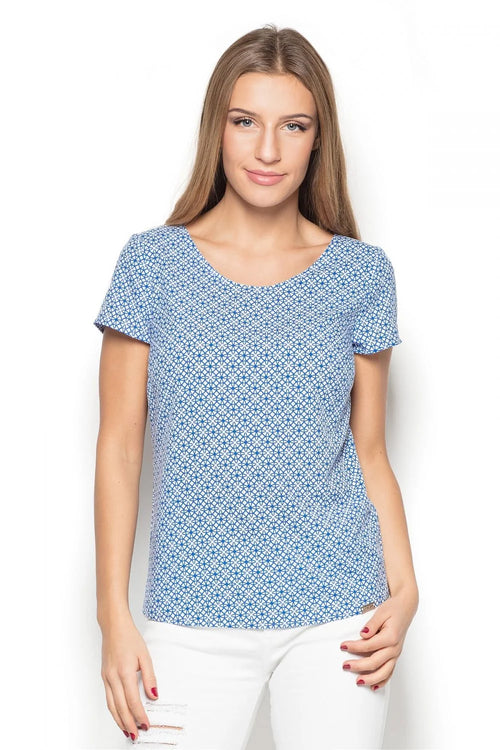 T-shirt coton style casual bleu imprimé géométrique manches courtes pour femme élégant et confortable