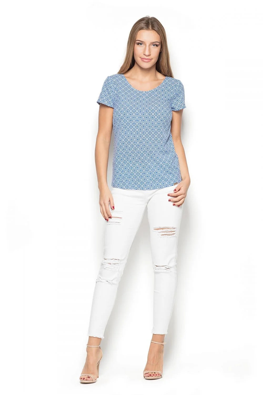 T-shirt coton style casual bleu imprimé géométrique manches courtes pour femme élégant et confortable