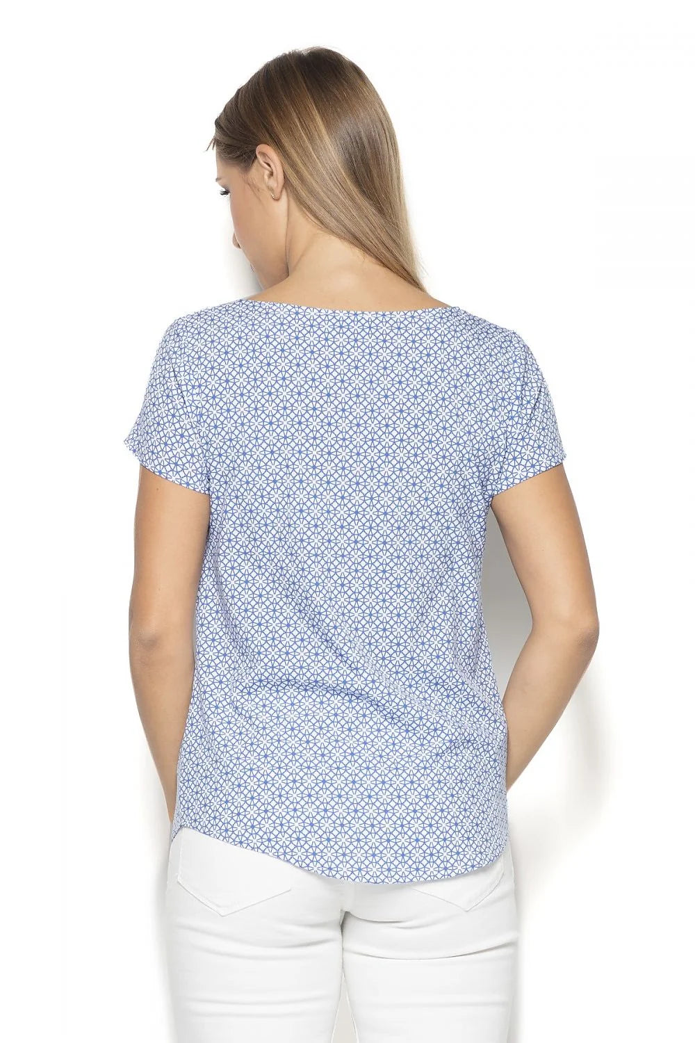 T-shirt coton style casual bleu imprimé géométrique manches courtes pour femme élégant et confortable