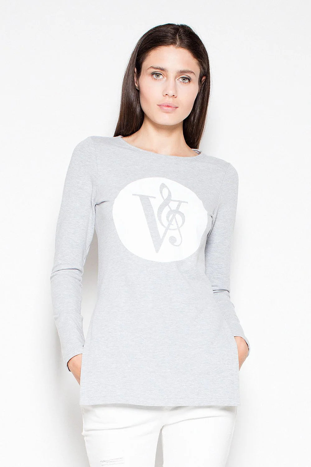 T-shirt manches longues coton gris casual confortable logo imprimé style quotidien pour femmes modernes