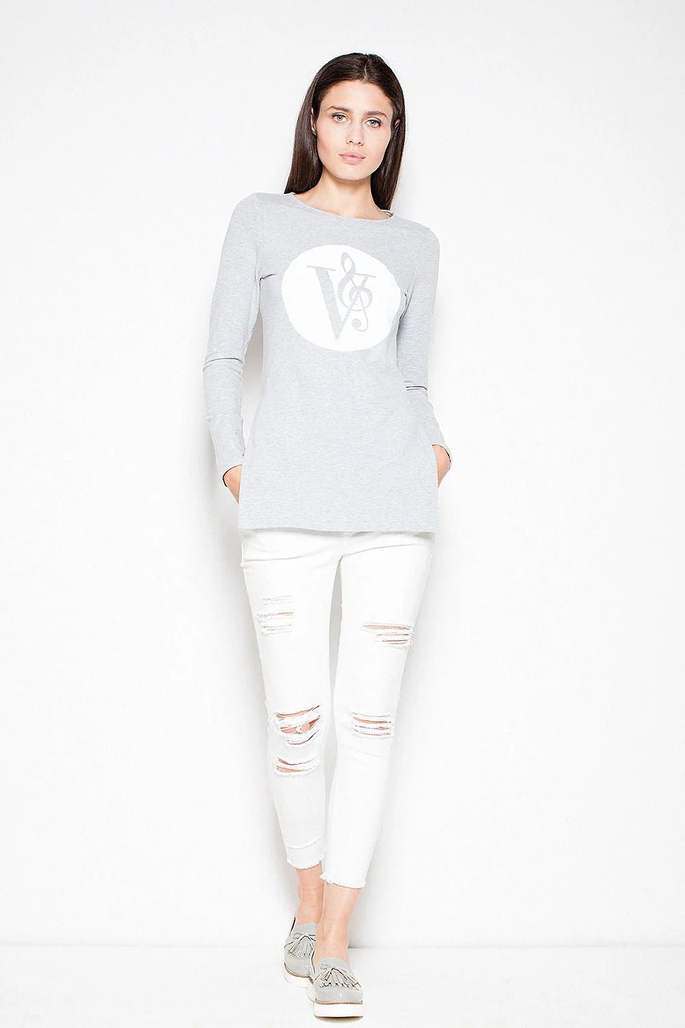 T-shirt manches longues coton gris casual confortable logo imprimé style quotidien pour femmes modernes