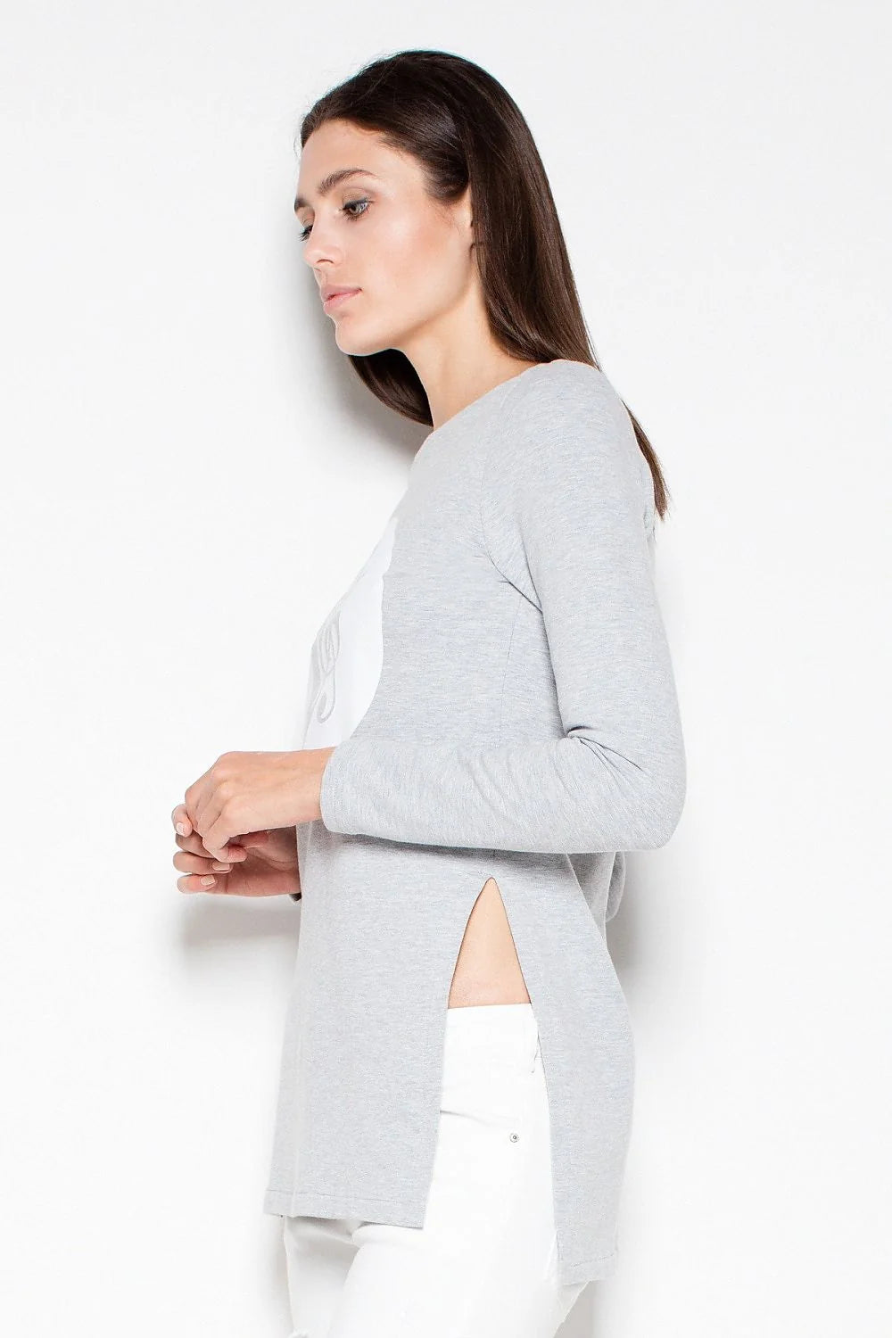 T-shirt manches longues coton gris casual confortable logo imprimé style quotidien pour femmes modernes
