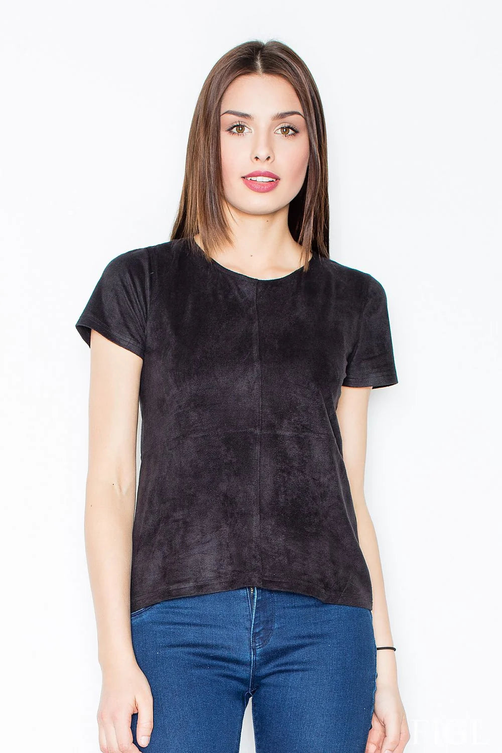 T-shirt noir velours suédine décontracté moderne manches courtes col rond femme mode élégante et confortable