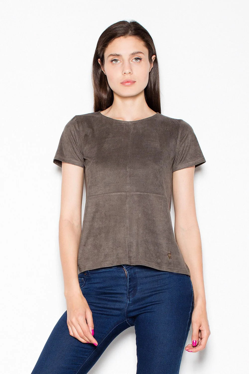 T-shirt suédine marron taupe décontracté chic manches courtes col rond pour style intemporel basique