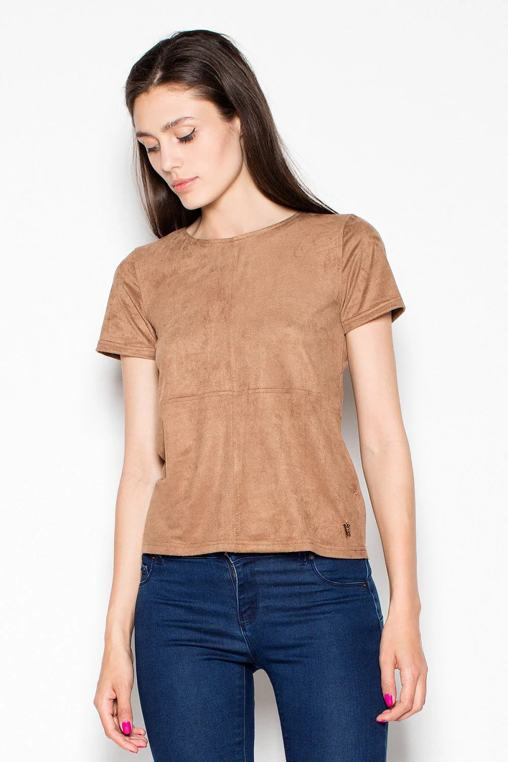 T-shirt suédine marron taupe décontracté chic manches courtes col rond pour style intemporel basique