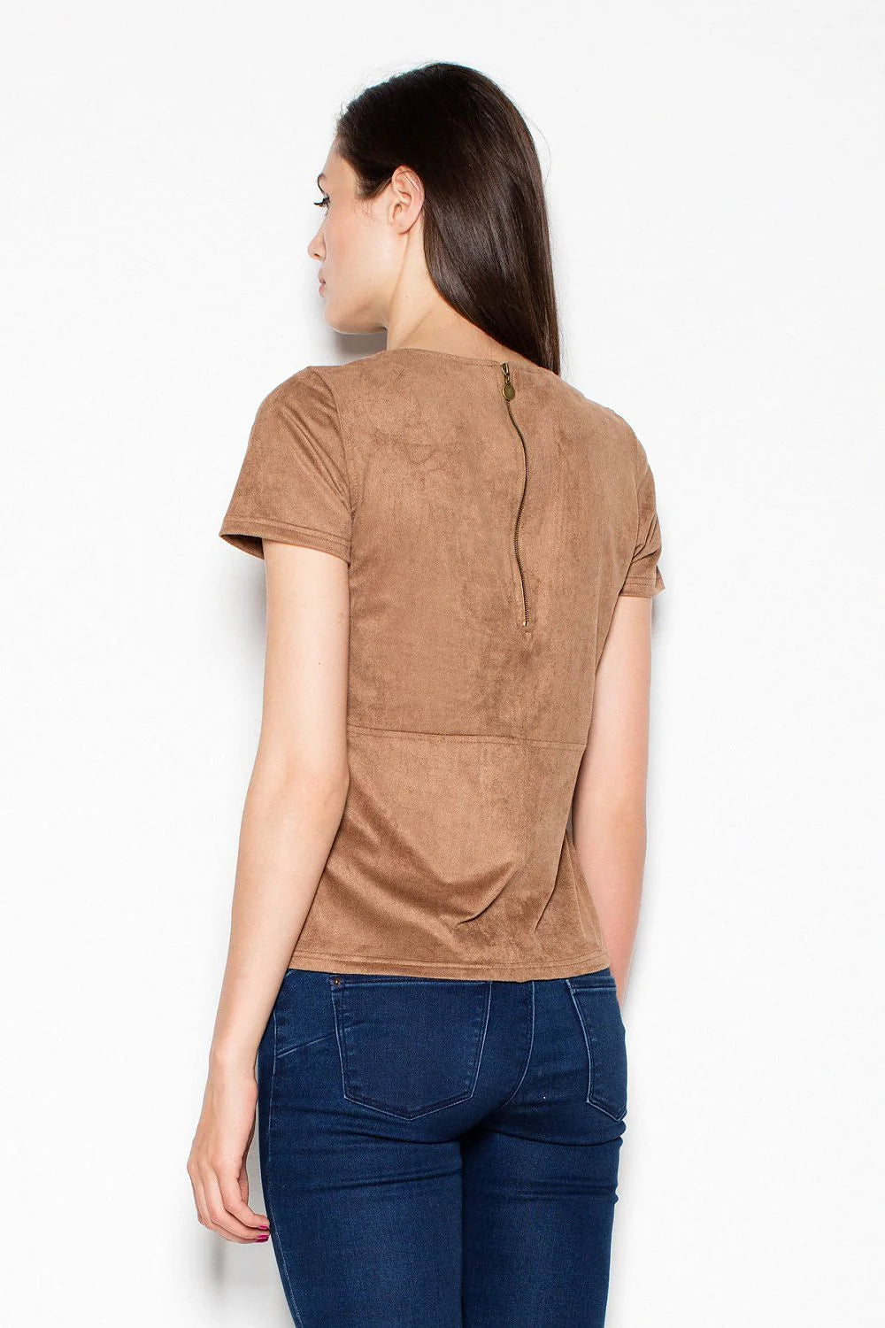 T-shirt suédine marron taupe décontracté chic manches courtes col rond pour style intemporel basique