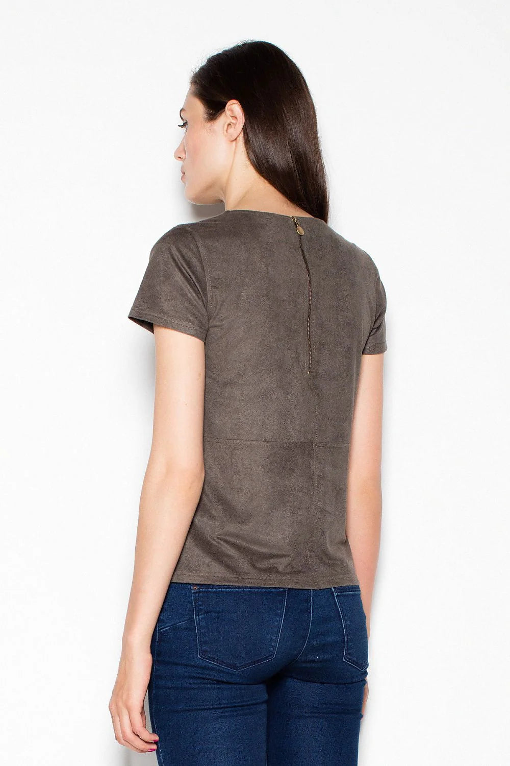 T-shirt suédine marron taupe décontracté chic manches courtes col rond pour style intemporel basique