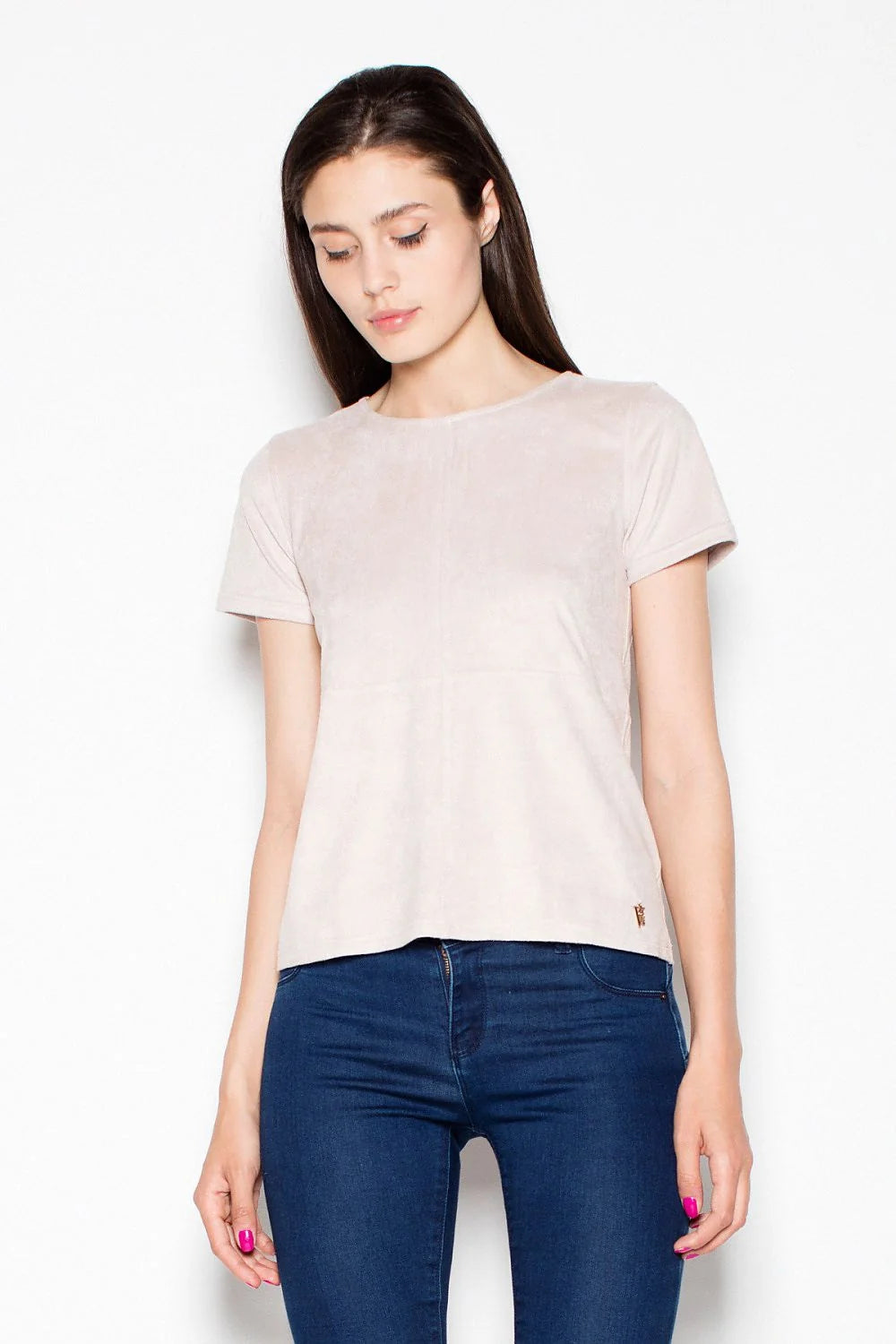 T-shirt suédine marron taupe décontracté chic manches courtes col rond pour style intemporel basique