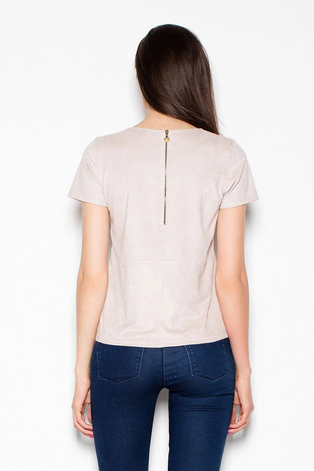 T-shirt suédine marron taupe décontracté chic manches courtes col rond pour style intemporel basique