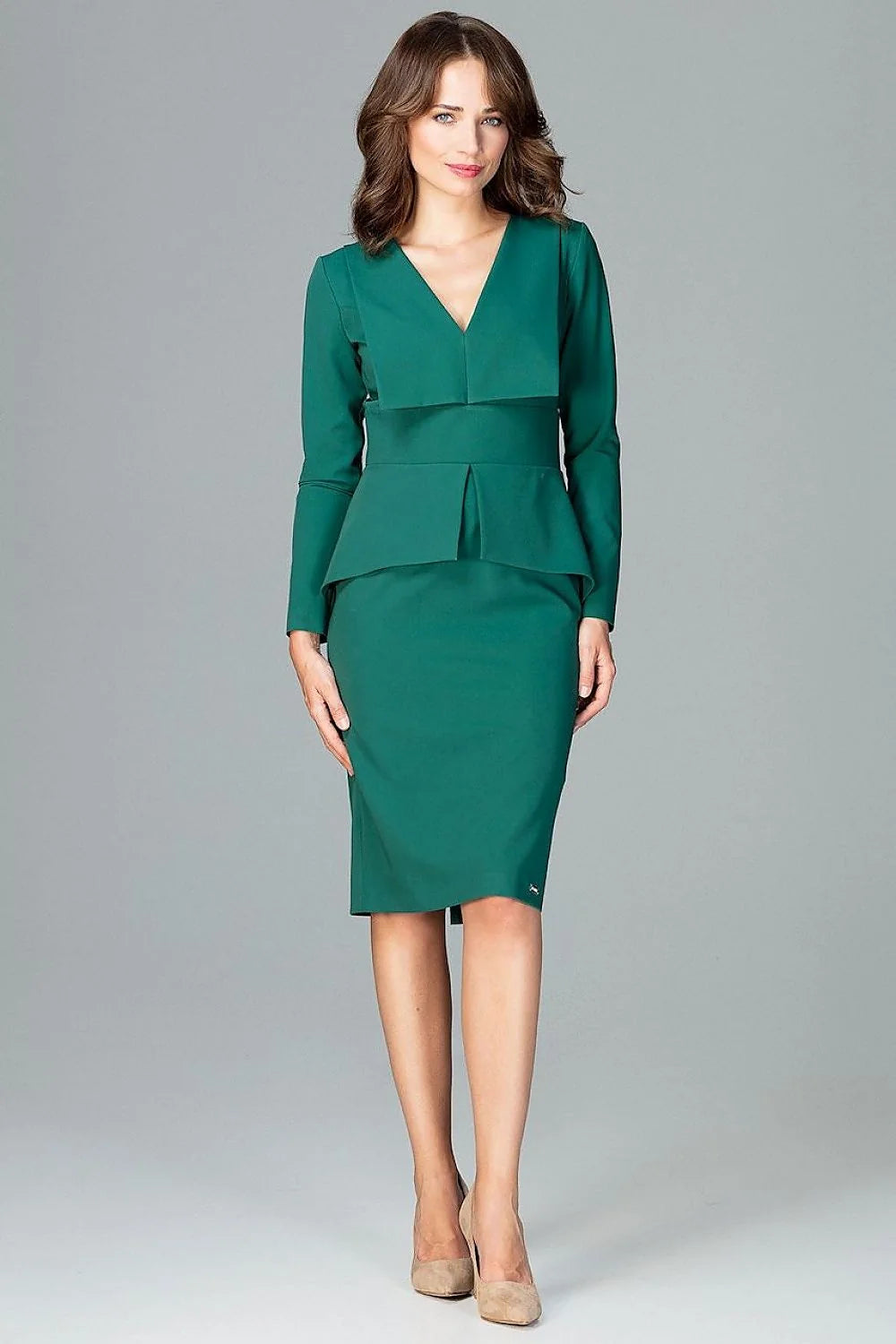 Tailleur femme polyester rose vif élégant avec veste peplum et jupe crayon ajustée professionnelle