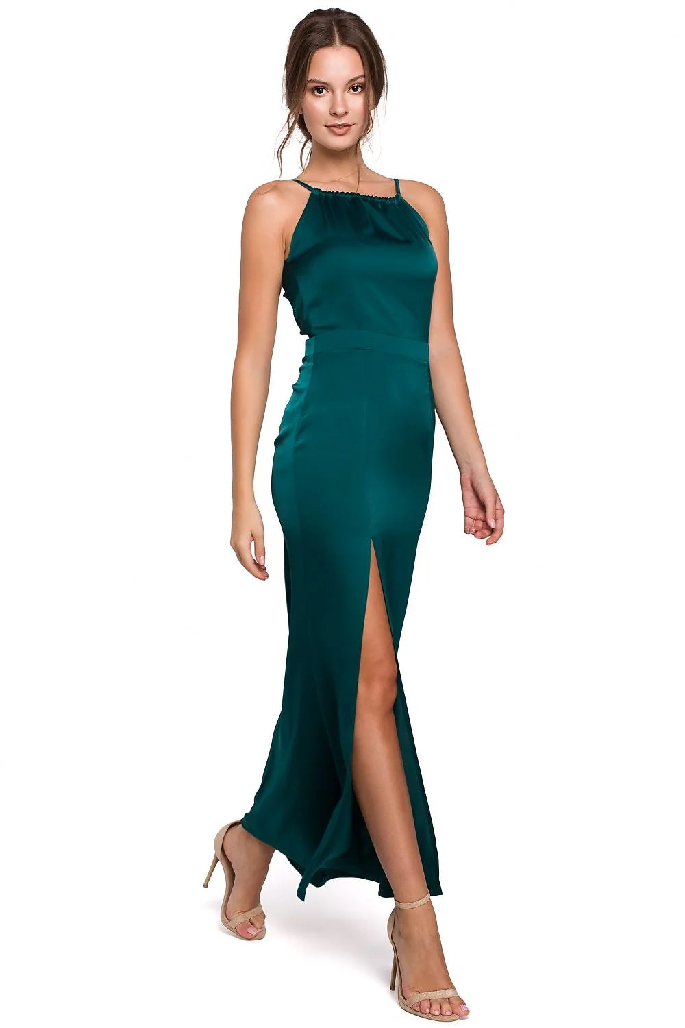 Robe longue satinée vert émeraude élégante fendue ajustée pour soirées glamour femme Makover chic