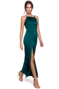 Robe longue satinée vert émeraude élégante fendue ajustée pour soirées glamour femme Makover chic