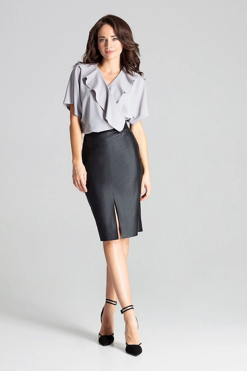 Jupe crayon écologique grise femme taille haute élégante polyester élasthanne fente centrale mode responsable