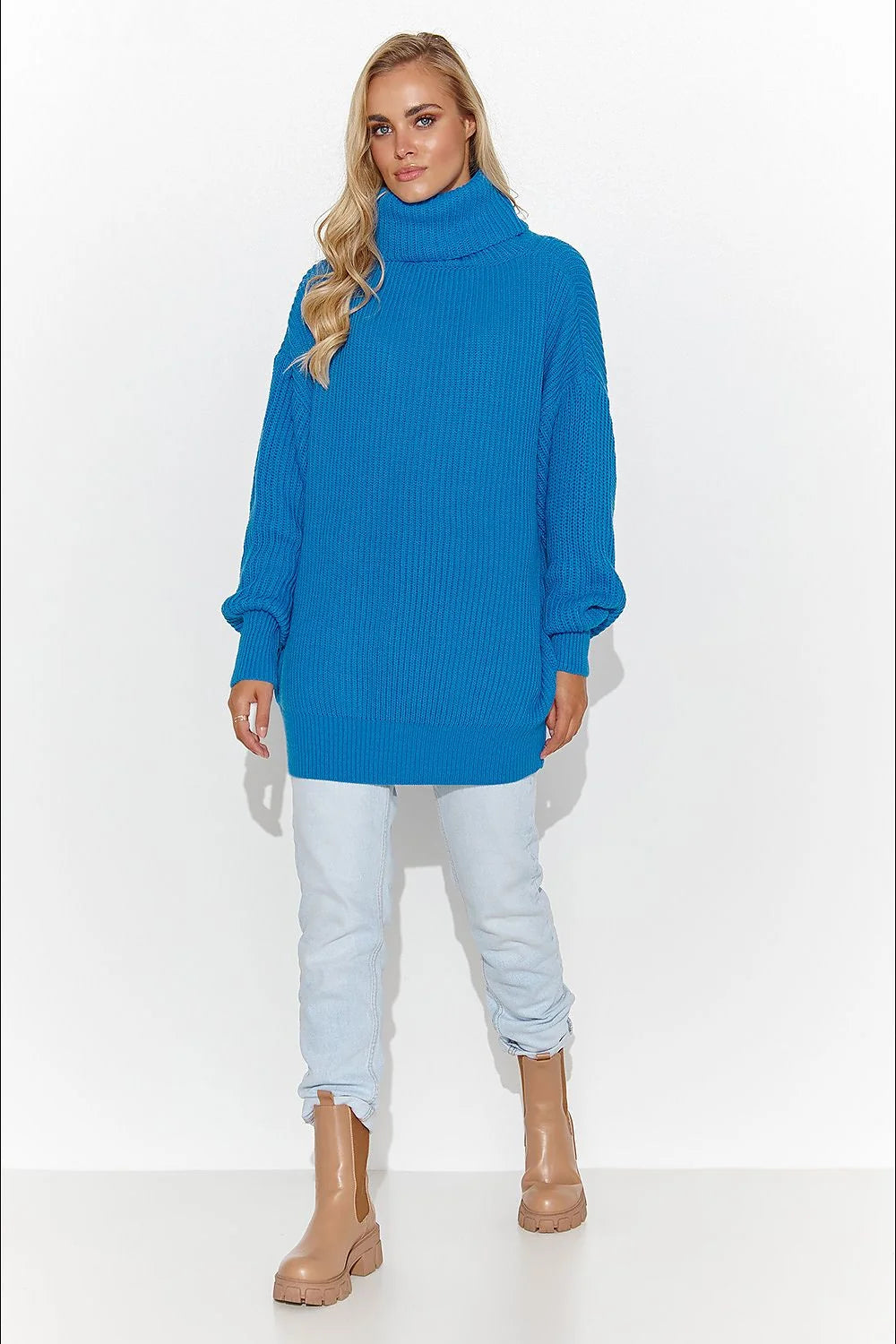 pull femme col roulé molletonné maille épaisse oversize coupe longue tunique manches longues tombantes bords côtelés bleu électrique