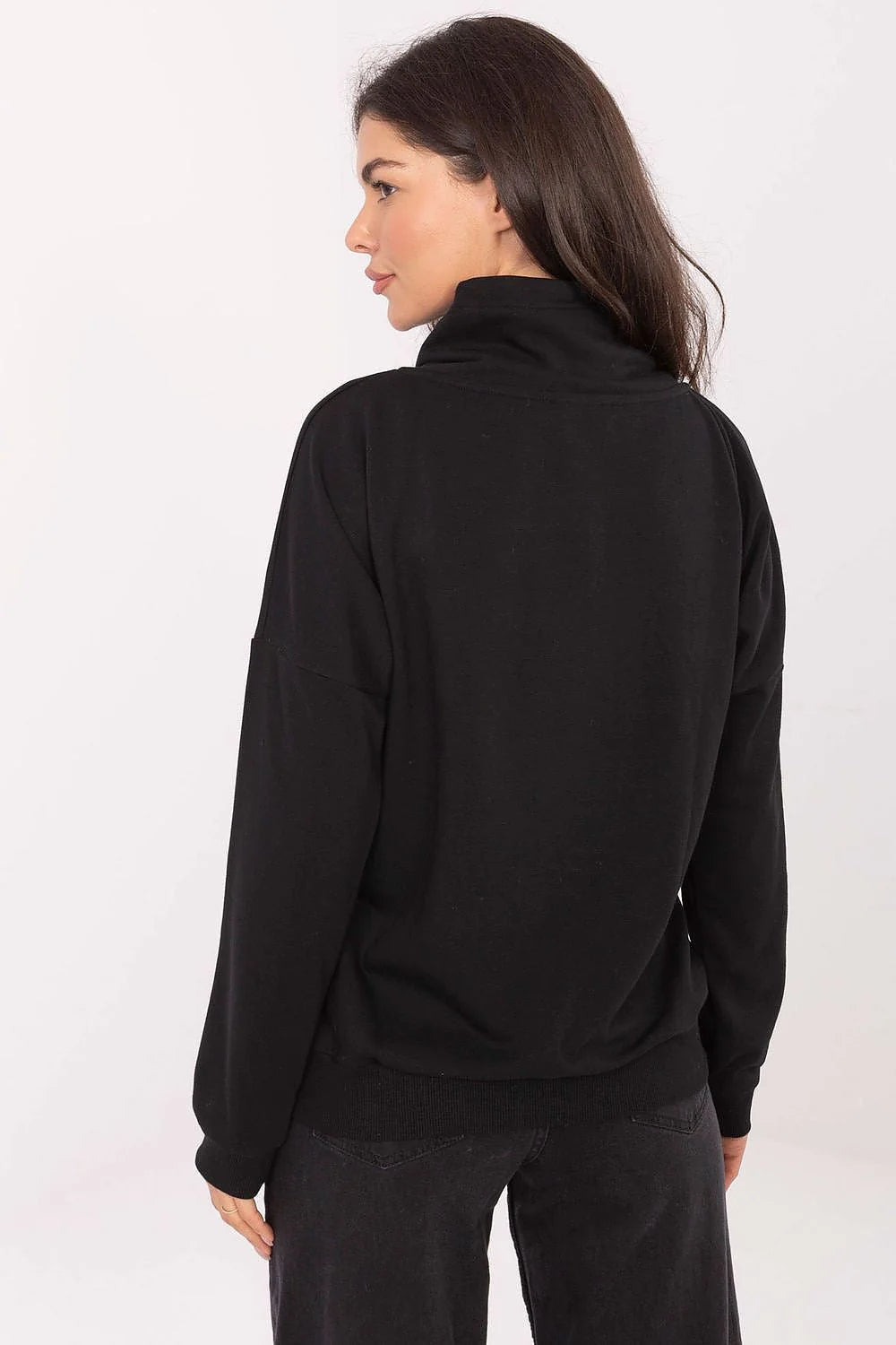 sweatshirt femme molletonné noir col châle croisé coupe relaxed manches longues poche kangourou zippée inserts dorés coton élasthanne