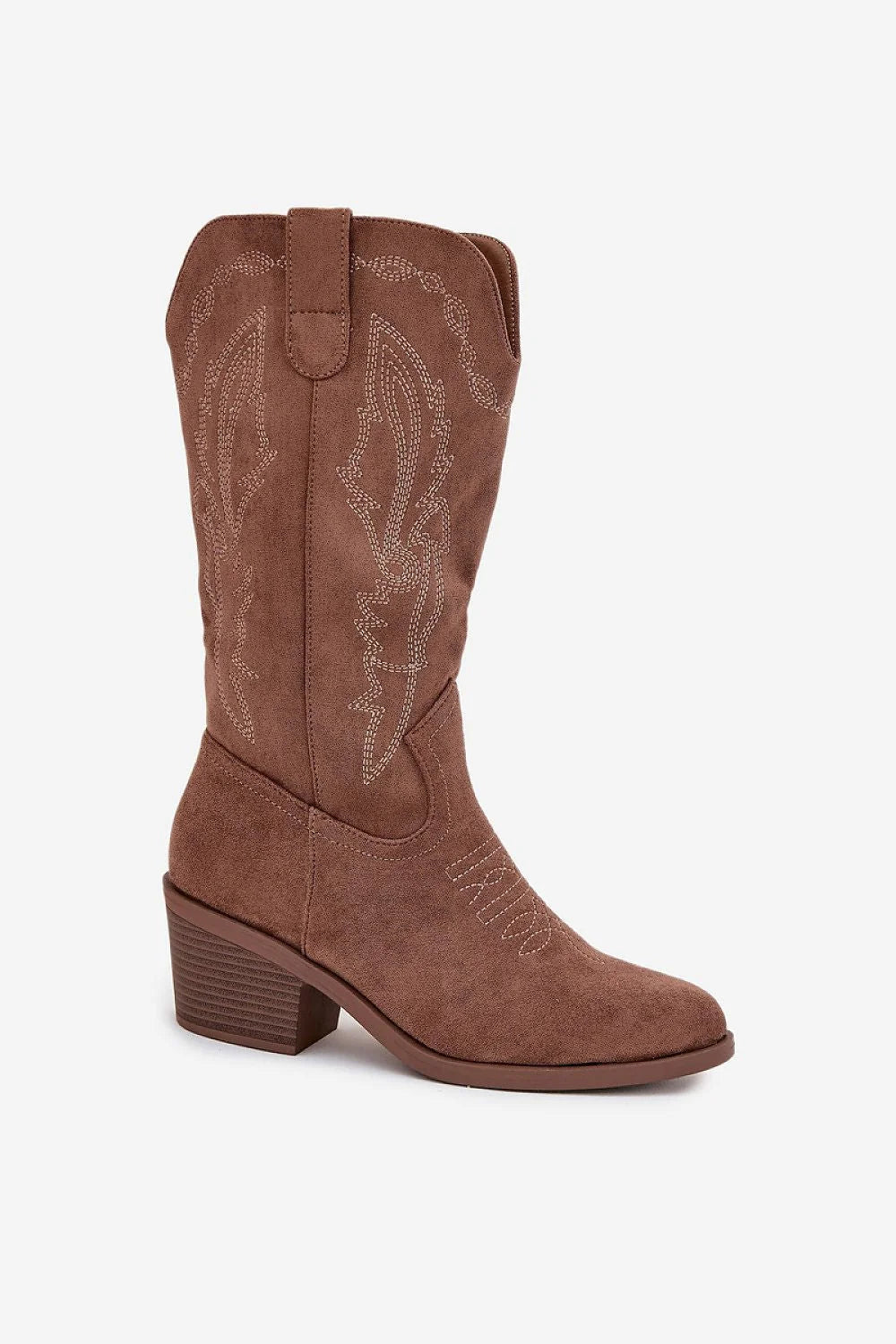 bottes cowboy femme Vinceza ecosuede marron broderies coutures amande talonbloc stable hauteur6cm doublée fermetureéclair mimollet antiderapante légères polyvalentes