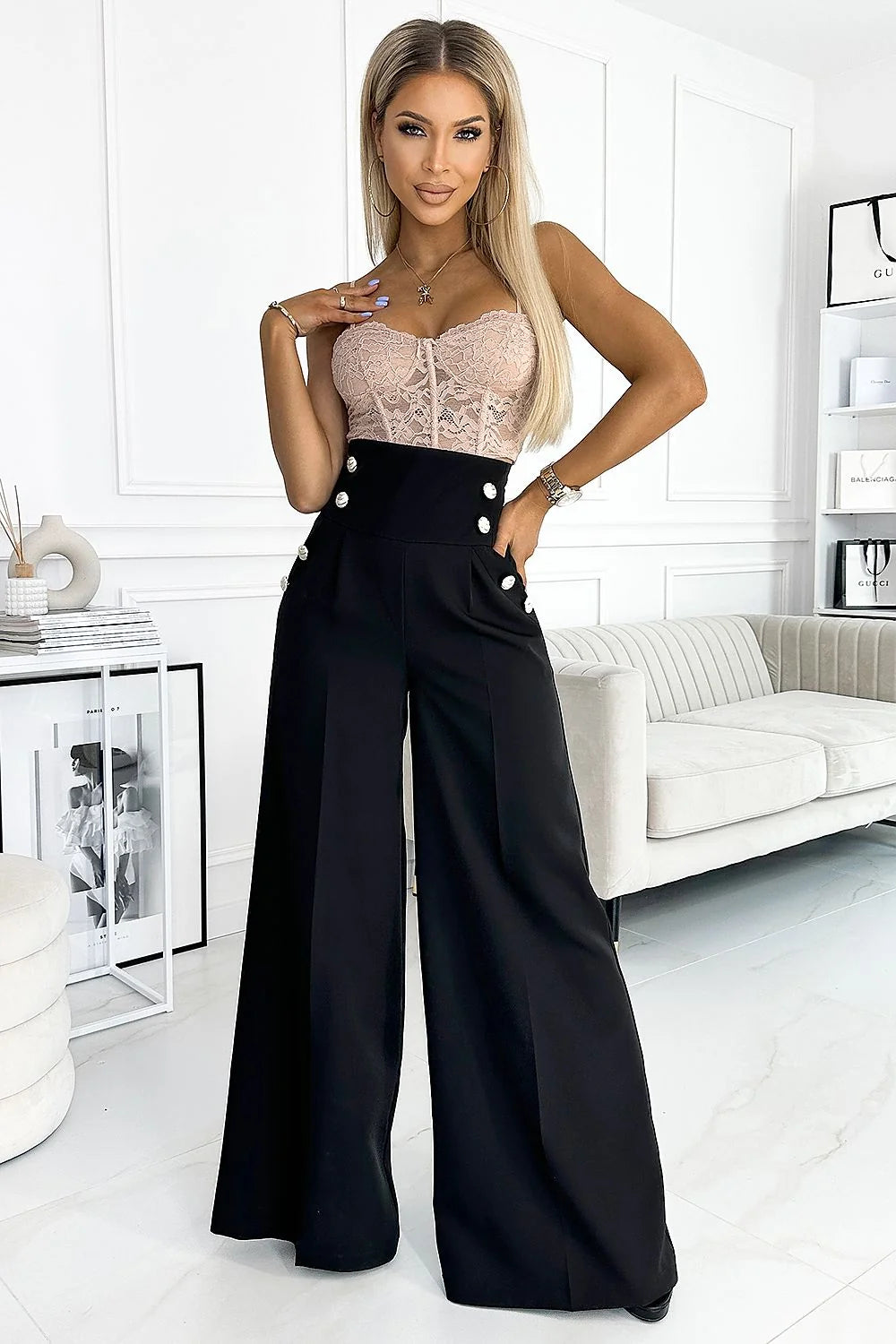 Pantalon élégant pour femme à jambe large taille haute boutons perles noirs confortables structurés modernes classiques occasionnels professionnelles et soirées