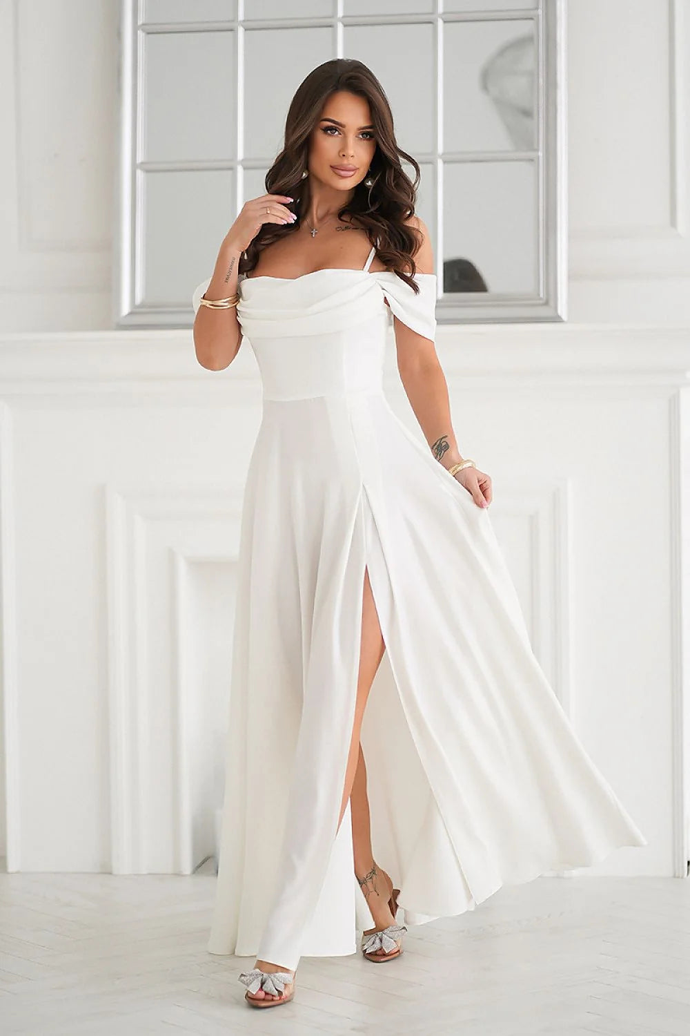 Robe longue élégante pour femme, design sirène, blanc, fente haute, manches courtes évasées, polyester, soirée, mariage, occasion spéciale
