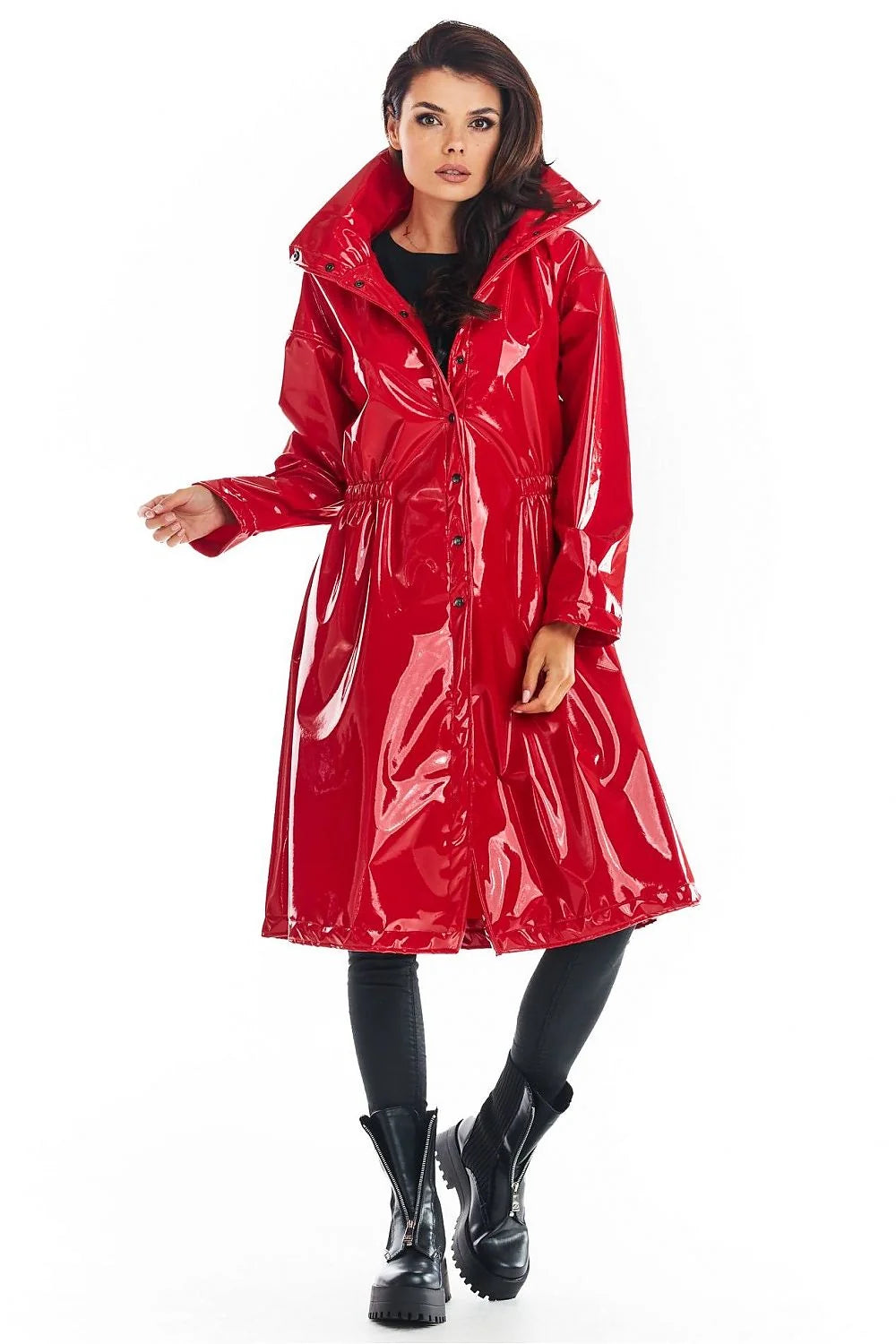 Manteau long vinyle femmes audacieux moderne coupe ample col montant noir rouge confortable