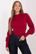 chemisier femme colroulé maille côtelée extensible coupe ajustée manches bouffantes poignets larges coton élasthanne rouge profond