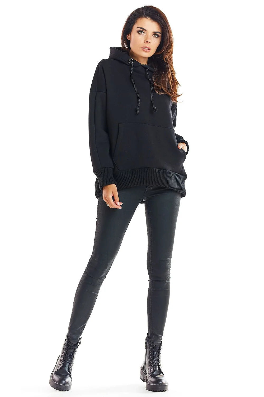 sweatshirt femme oversize molleton bleu ciel chiné coupe ample capuche cordon tressé poche kangourou poignets côtelés