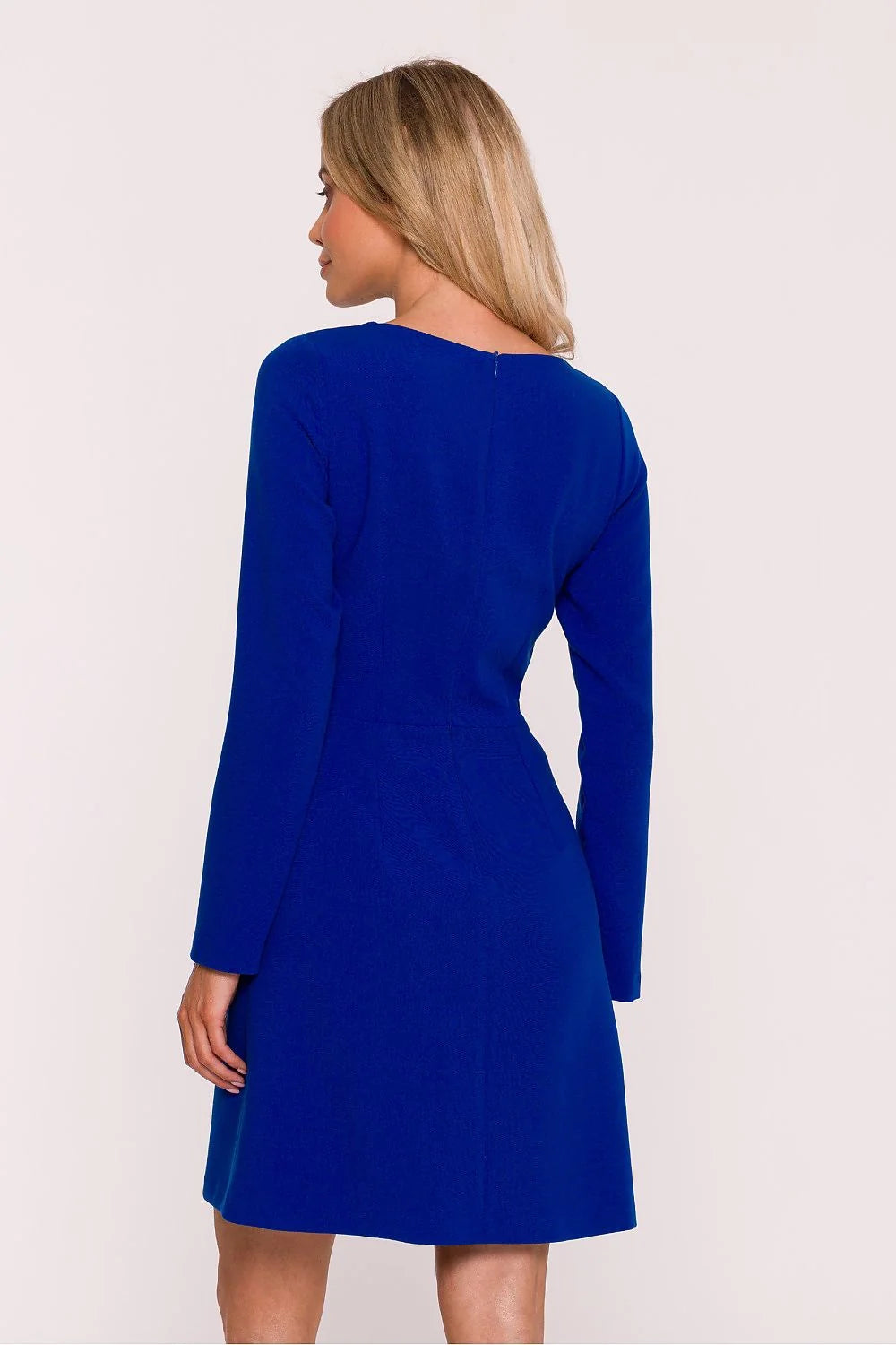 robe femme bleu roi intense crêpe extensible structuré cintrée taille marquée manches longues encolure ronde boutons dorés décoratifs