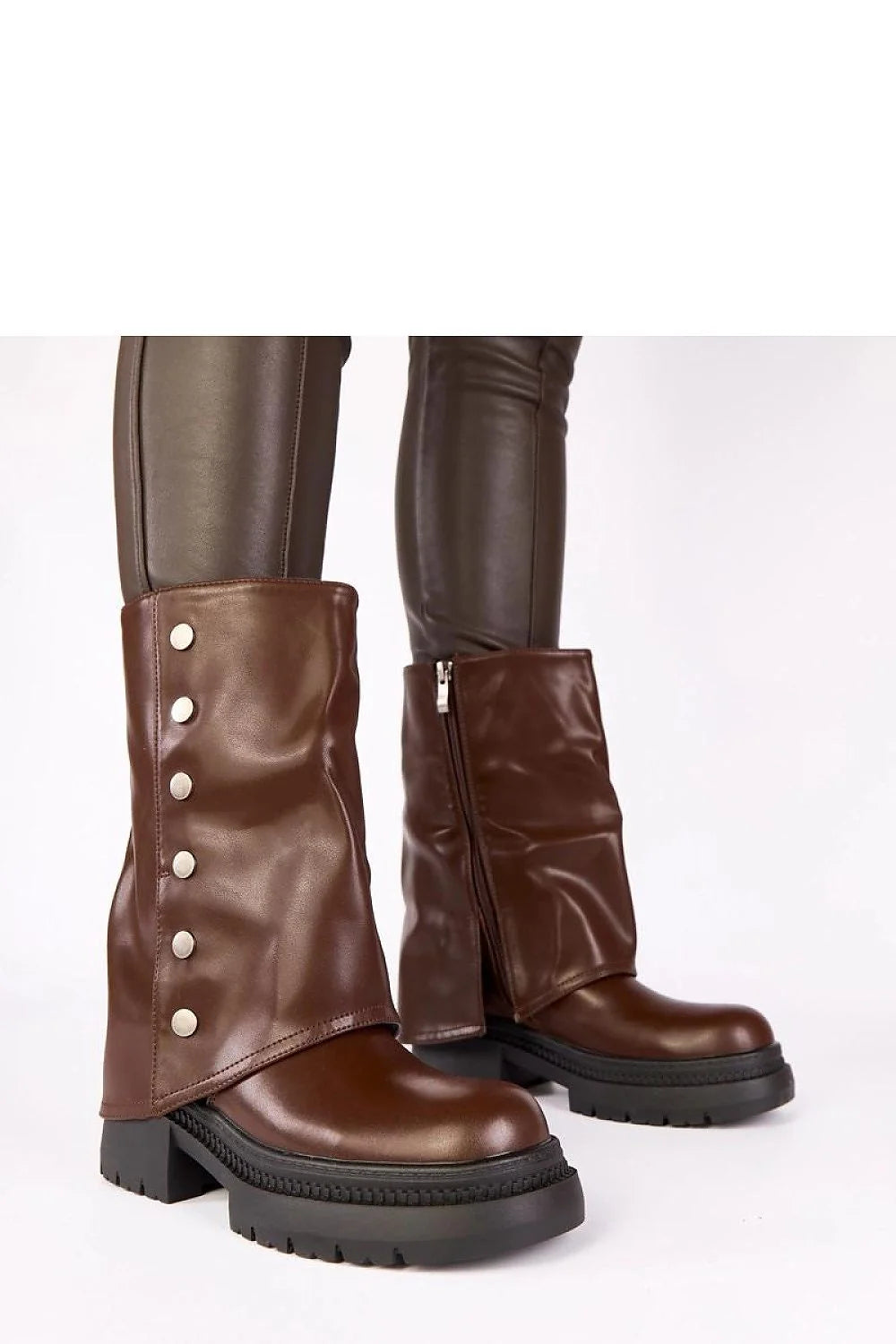 bottines chocolat Carla similicuir tige enroulée mimollet bout rond semelle crantée plateforme stable talon bloc fermeture éclair métallique