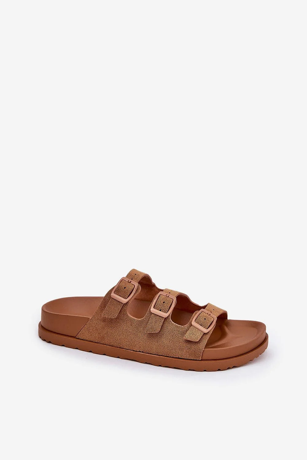 sandales femme style moderne décontracté cuir suédé écologique ajustables trois brides boucles métalliques camel semelle gomme antidérapante épaisse anatomique confort