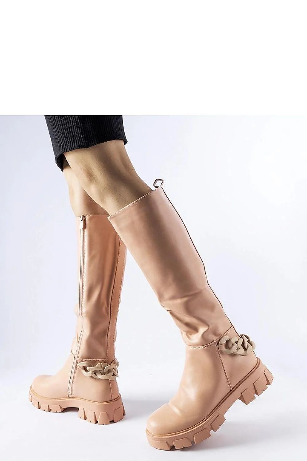 Bottes hautes cuir synthétique modernes élégantes beige avec fermeture éclair chaîne et semelle épaisse