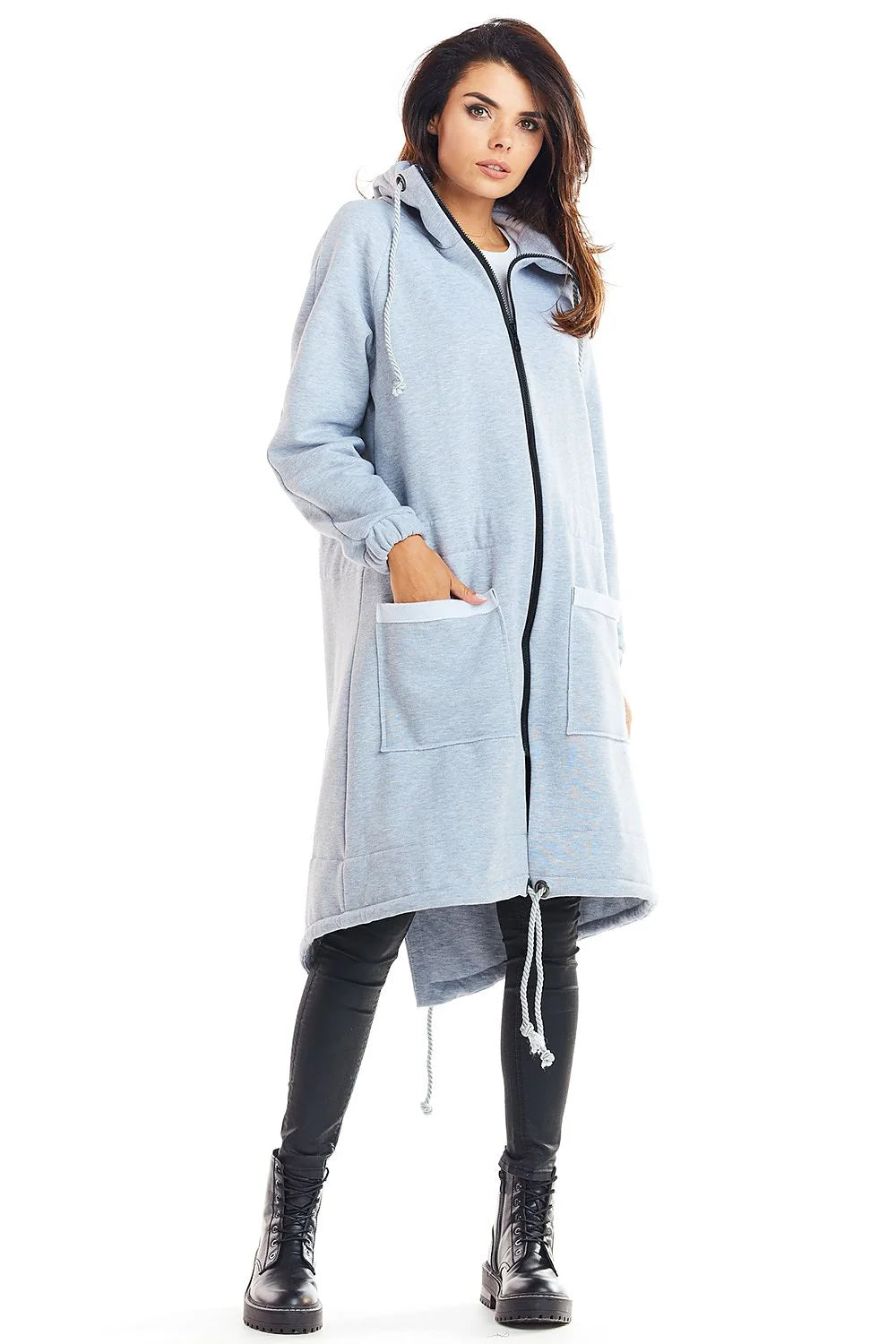 Manteau long ample beige coton style décontracté moderne avec capuche pour femme élégante et confortable