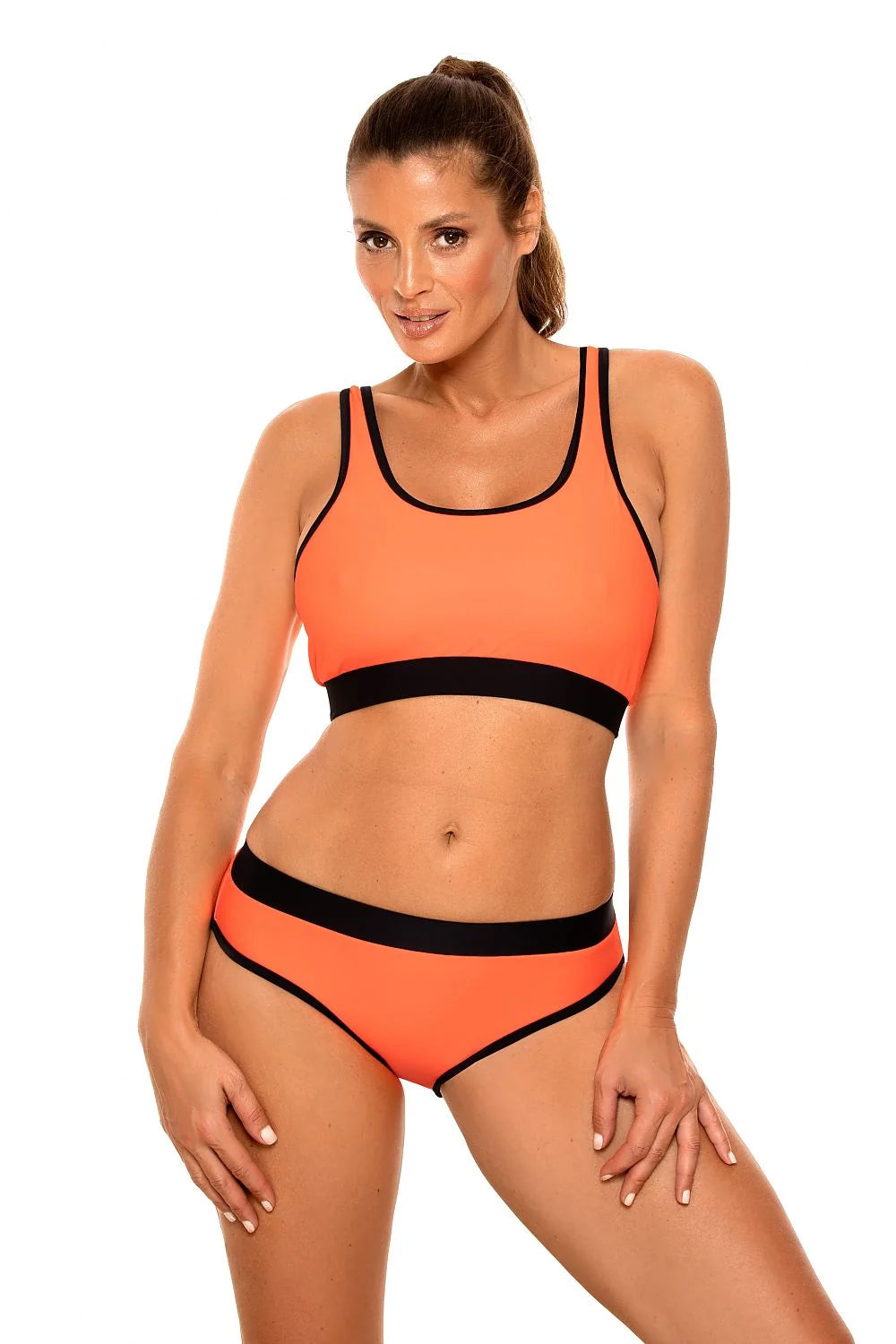 Maillot de bain deux pièces lycra sportif élégant orange vif confortable plage piscine femme été