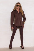 chemise oversize marron chocolat fluide polonaise boutonnée col classique manches longues élégante polyvalente bureau soirée coton stretch polyester