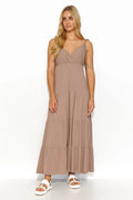 Robe de jour Makadamia longue volants couleurs taupe empire waist décolleté V bretelles nouées femme été
