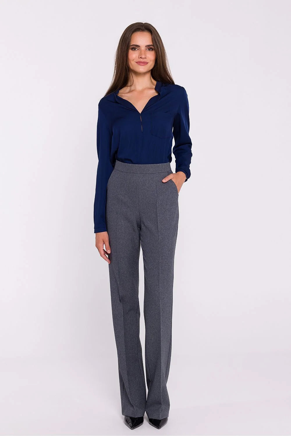 Ensemble Chemisier Stylove Blouse Manches Longues Pantalon Taille Haute Femme Navy Gris Élégance Professionnelle
