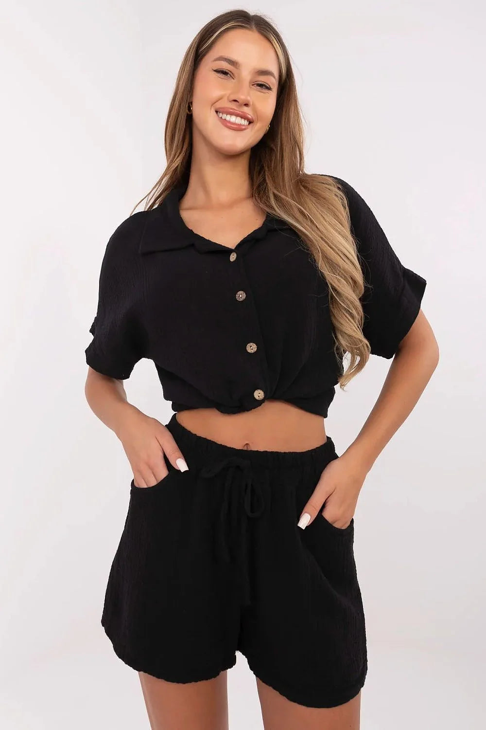 ensemble deux pièces femme noir mousseline coton léger respirant taille haute ceinture nouée jambes larges poches latérales boutonné col chemise