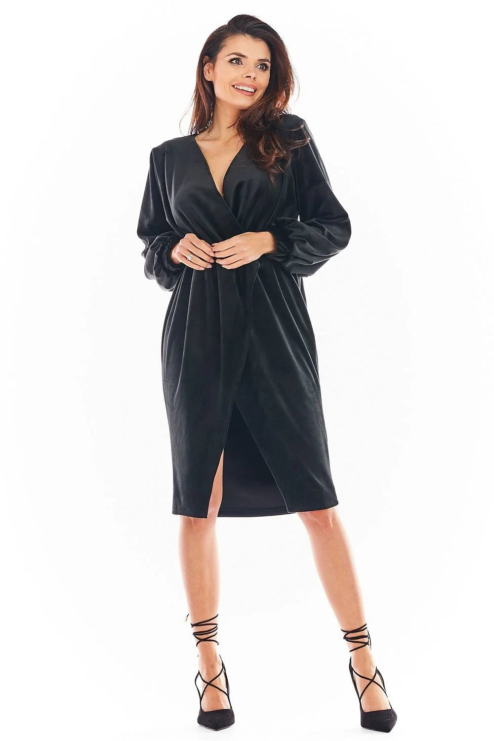 Robe de soirée élégante style portefeuille manches longues en velours élastique couleur noire taille ajustable pour femmes occasion formelle