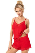 pyjama femme satin dentelle rouge décolleté V bretelles réglables short élastiqué nœud ruban soyeux brillant sensuel élégant court fluide romantique