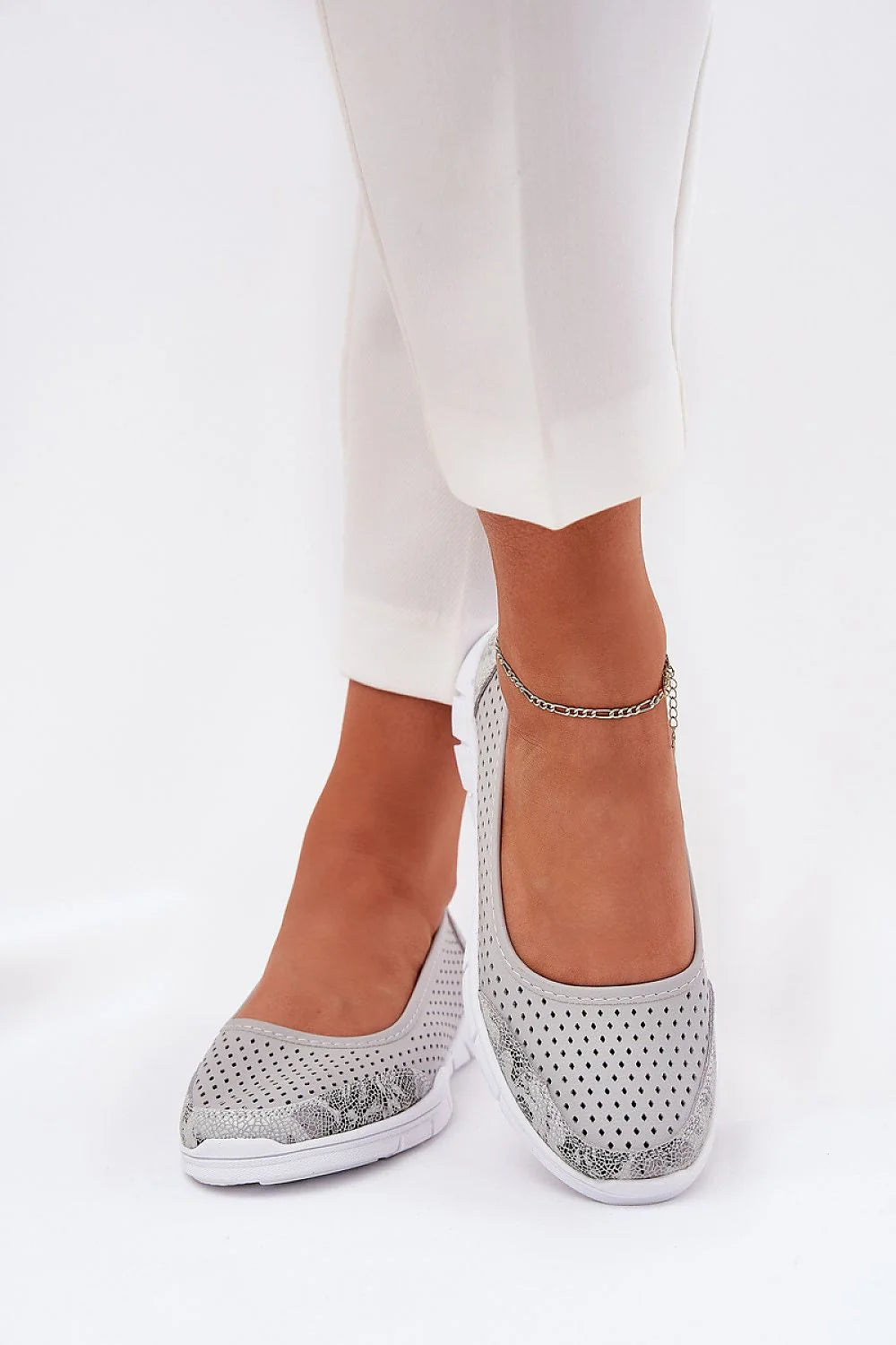 Ballerine Femme Mode Casual Design Élégant Tissu Perforé Semelle Caoutchouc Grise Floral Print Perfect Daily Shoes