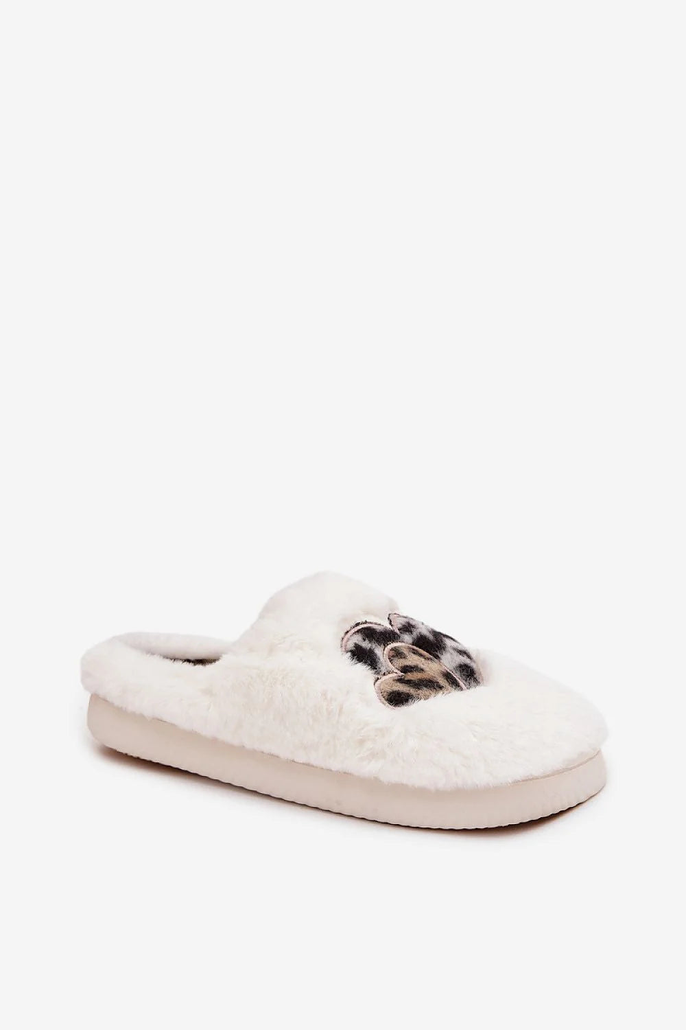 chaussons femme fausse fourrure crème mules bout fermé semelle épaisse souple doublure pelucheuse ornement coeurs léopard rembourrée cocooning