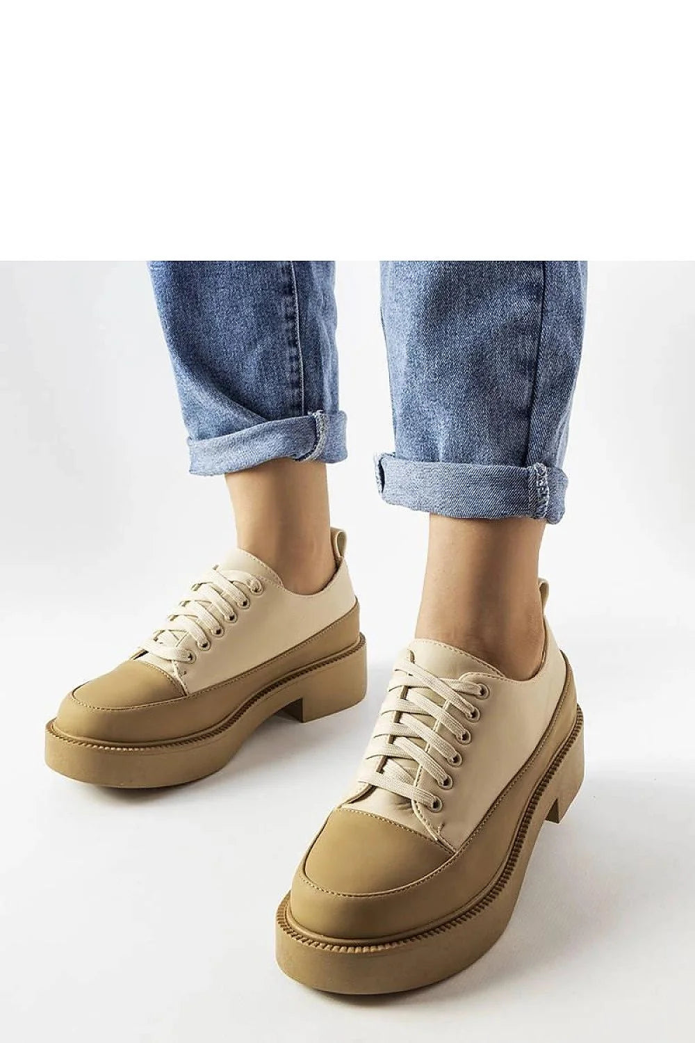 Chaussures plates Merico Solea Derby low-cut cuir éco beige foncé semelle caoutchouc beige femme