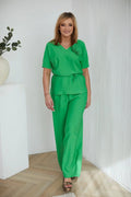 Ensemble féminin vert vif manches courtes col en V fleur en tissu ceinture assortie printemps été femmes