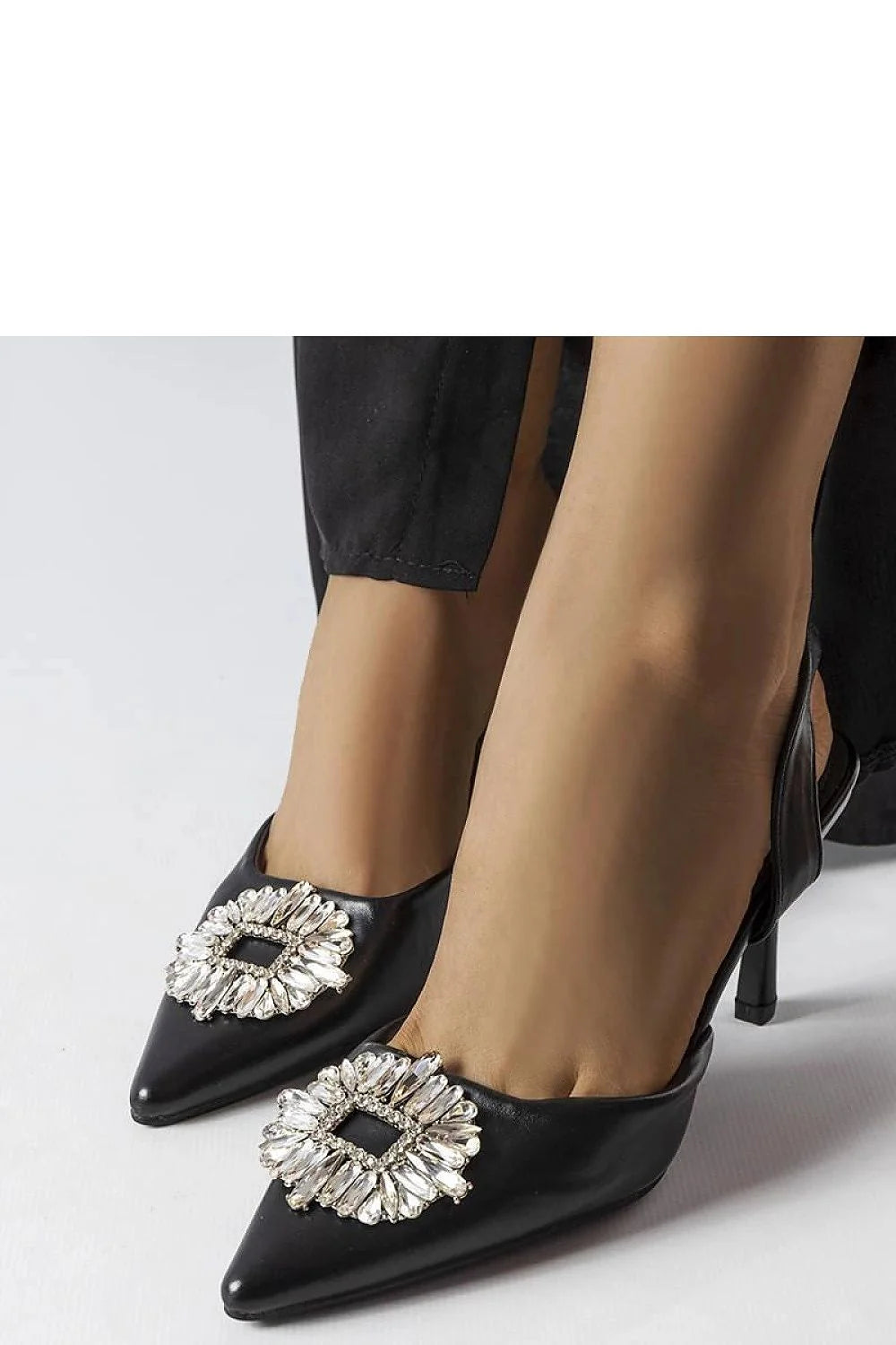 Escarpins à talons hauts 12 cm Femme Crystal Buckle Black Sueded Simili Leather Summer Stilettos