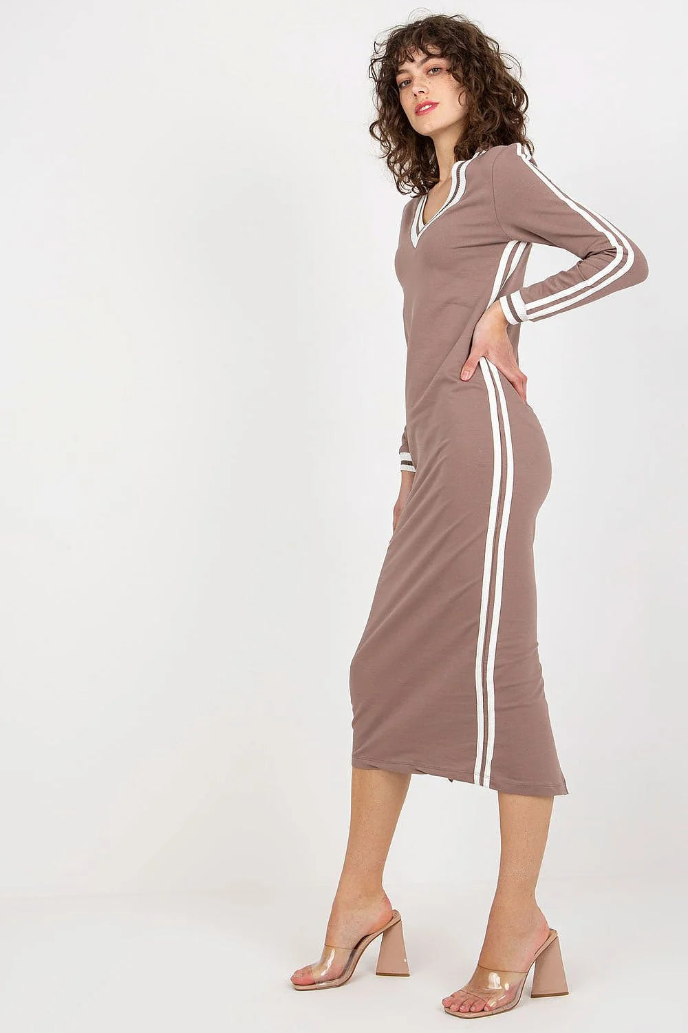 Robe de jour Fancy longue manches longues en V contrastante coton élasthanne femme élégance polyvalente