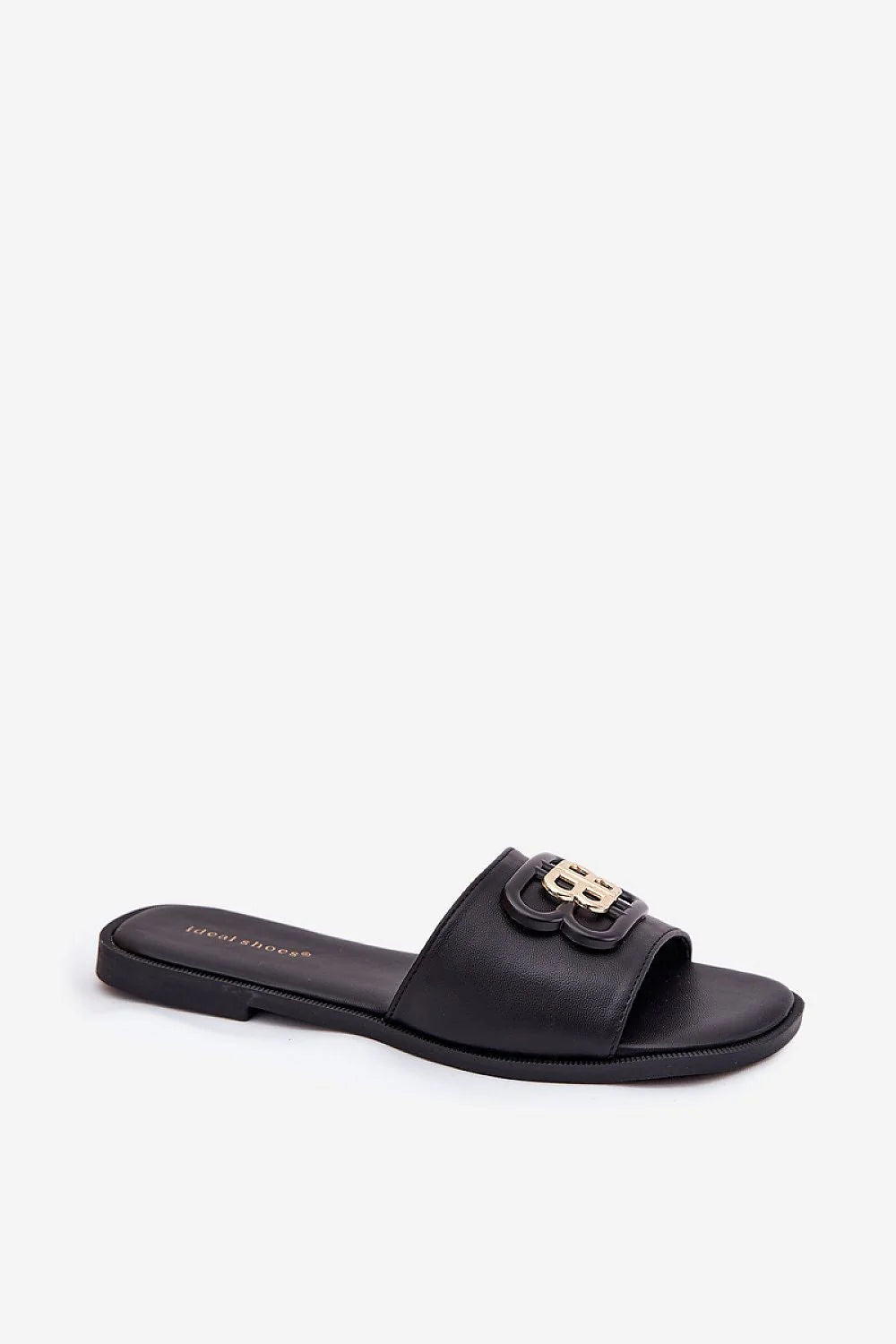 Sandales femmes style élégant talon plat ornement métallique couleur noire cuir écolo ouvertes à l'avant confort toute la journée