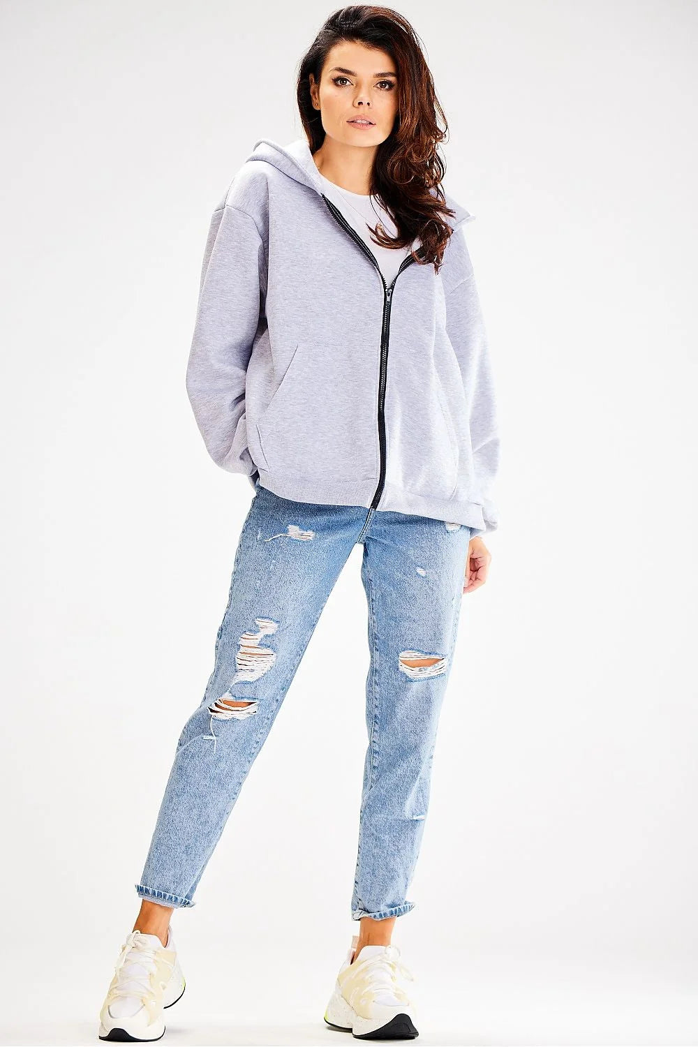 Sweatshirt ample zippé à capuche pour femme en coton 95% Elasthanne 5% style moderne avec poches kangourou