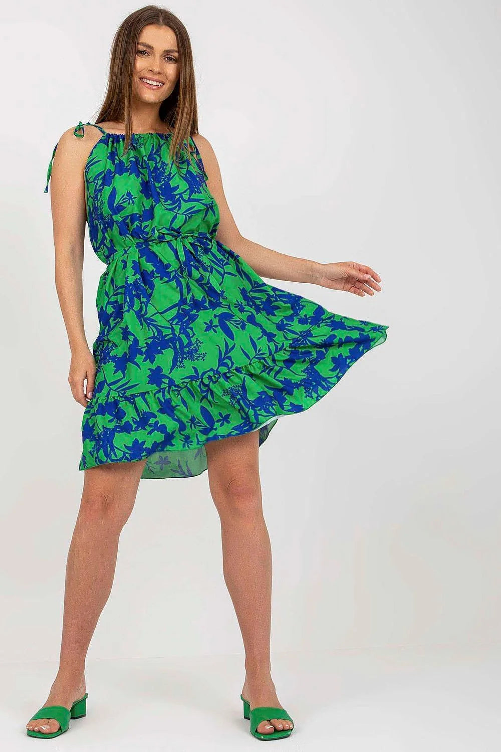 Robe de jour Rue Paris imprimé floral été épaules fines lacets taille nouée volants jupe évasée genoux court polyester femme