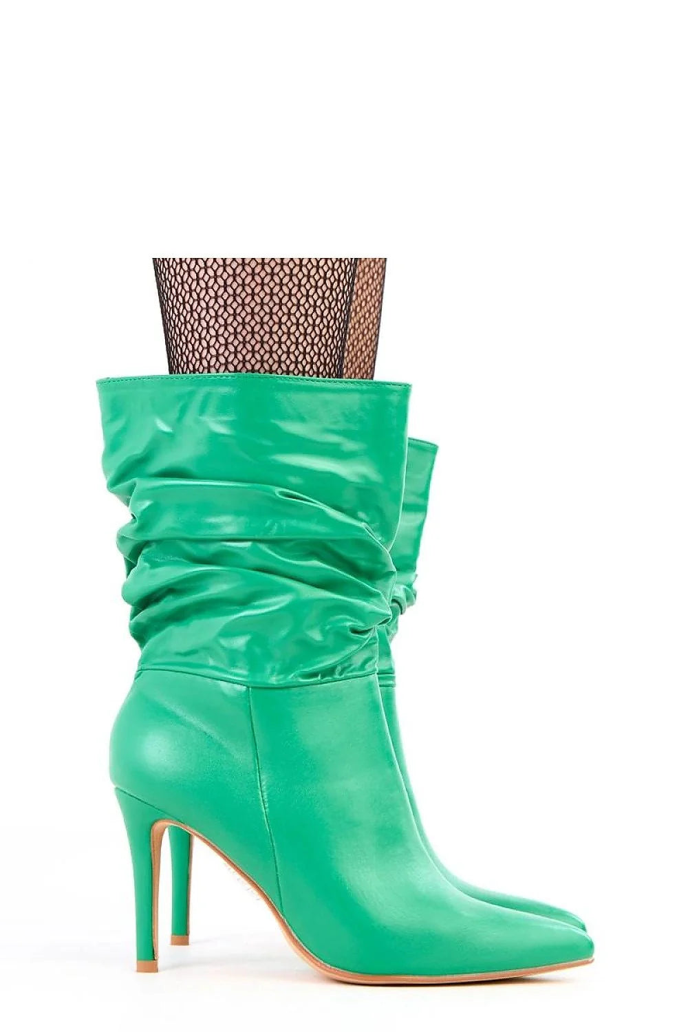 bottines talon aiguille mi mollet plissée froncée similicuir verni vert émeraude bout pointu semelle tissu confortable enfiler soirée élégant habillé
