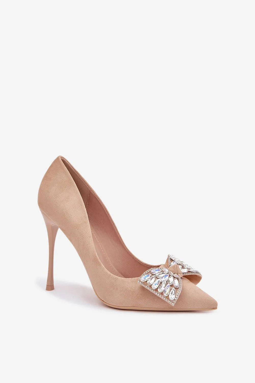 escarpins femme suédine écologique beige nude stiletto haut talon onze centimètres bout pointu nœud bijou strass cristaux soirée mariage chic