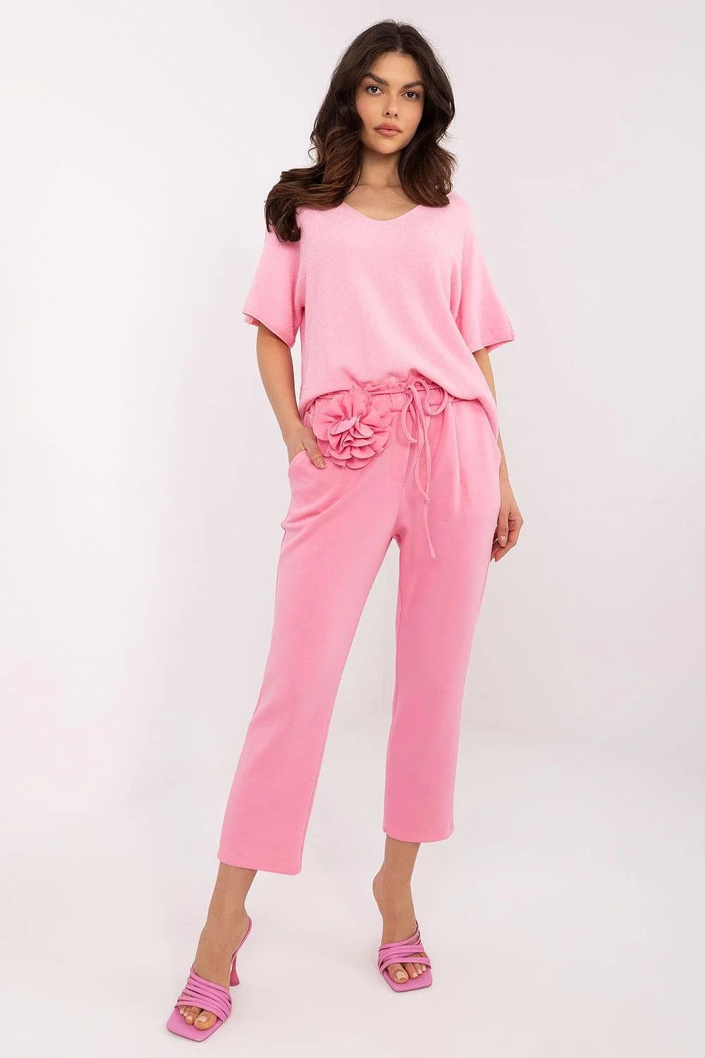 Ensemble femme moderne chic couleur rose vif tissu doux élasthanne coton sans manches V-neck taille haute élastique sandales roses