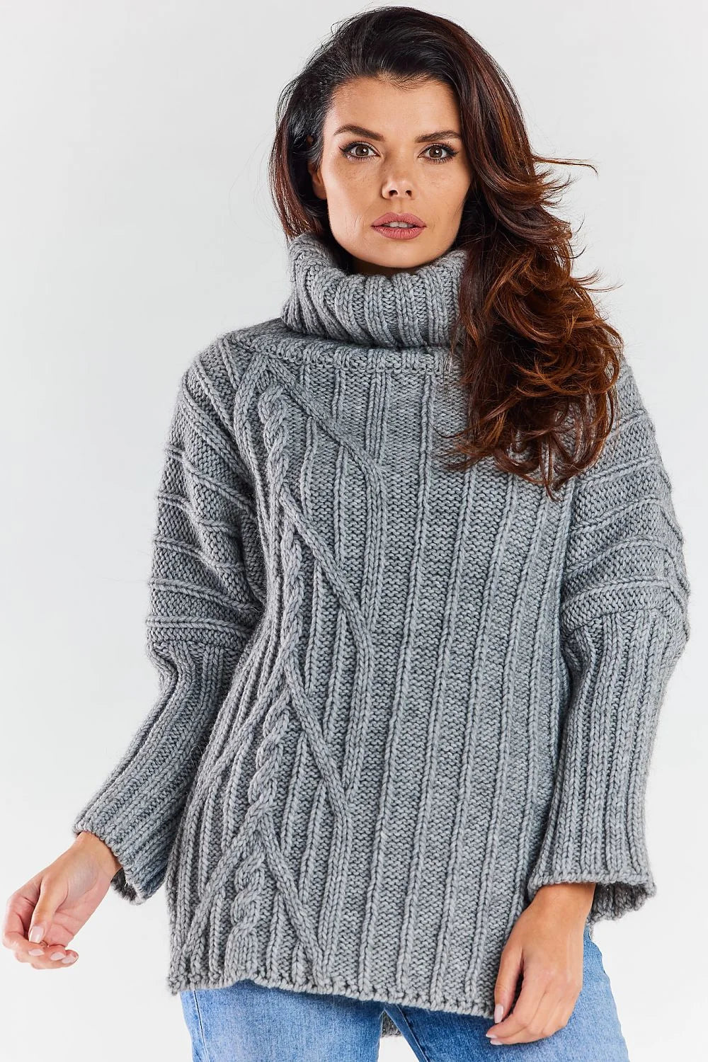 Pull tricoté pour femme col roulé motif côtes asymétriques maille épaisse gris chaleur confort mode automne hiver